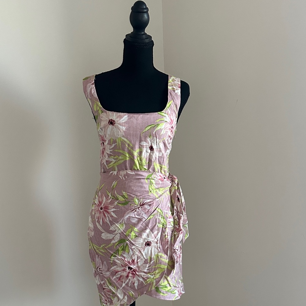 Floral Pink Square-Neck Wrap Mini Dress
